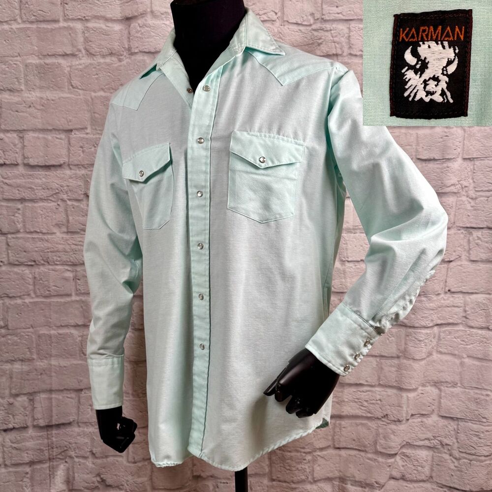 Vtg 80s Karman Western Pearl Snap Buttons Mens XL Shirt Long Sleeve Collared